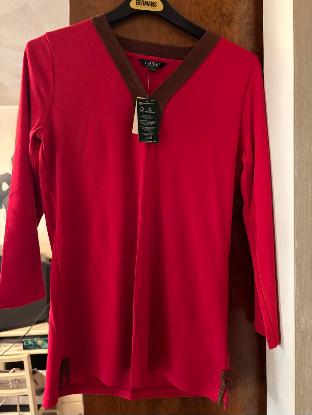 Ralph Lauren Red Long-Sleeve V-Neck Top with Brown Trim